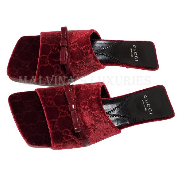 GUCCI SHOES GG LOGO BURGUNDY VELVET w BOW DETAIL SLIDES sz 38 8 US - Picture 4 of 15